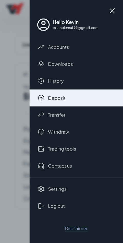Click on the Deposit funds button in the cabinet navigation