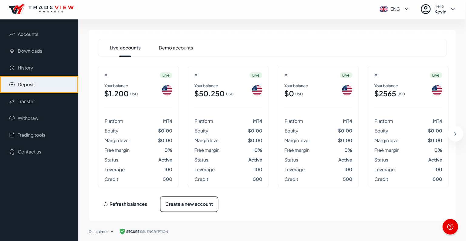 Click on the Deposit funds button in the cabinet navigation