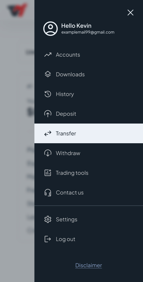Click on the Transfer section on the left menu of your screen