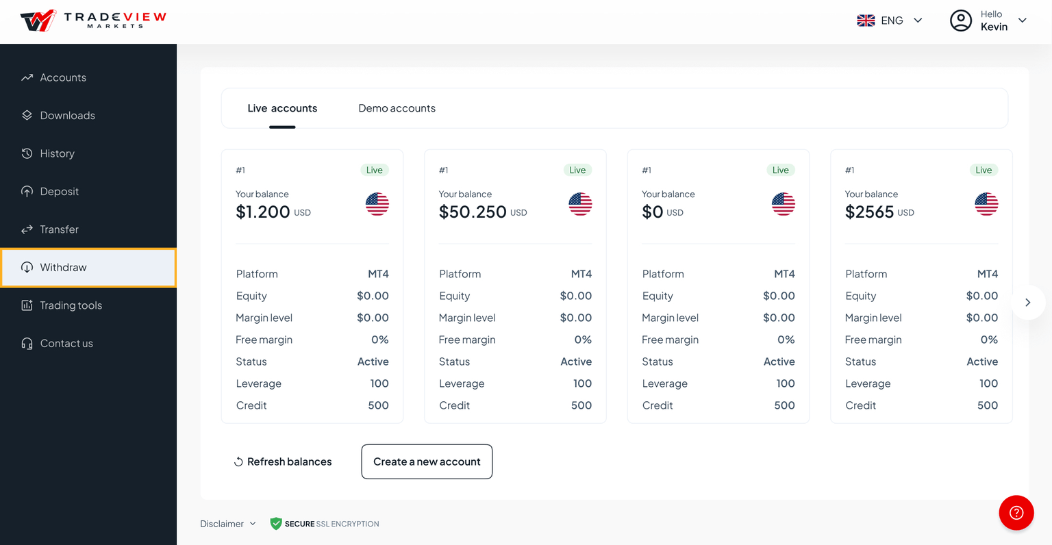 Click on the Withdraw section on the left menu