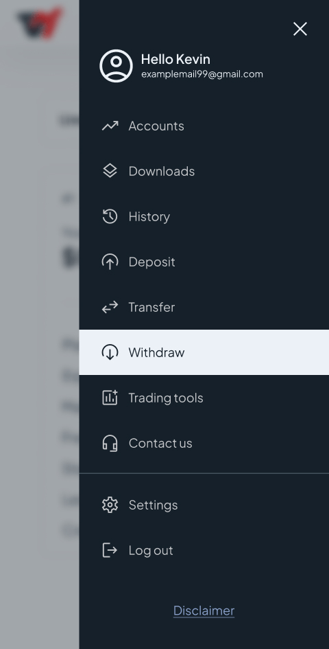 Click on the Withdraw section on the left menu