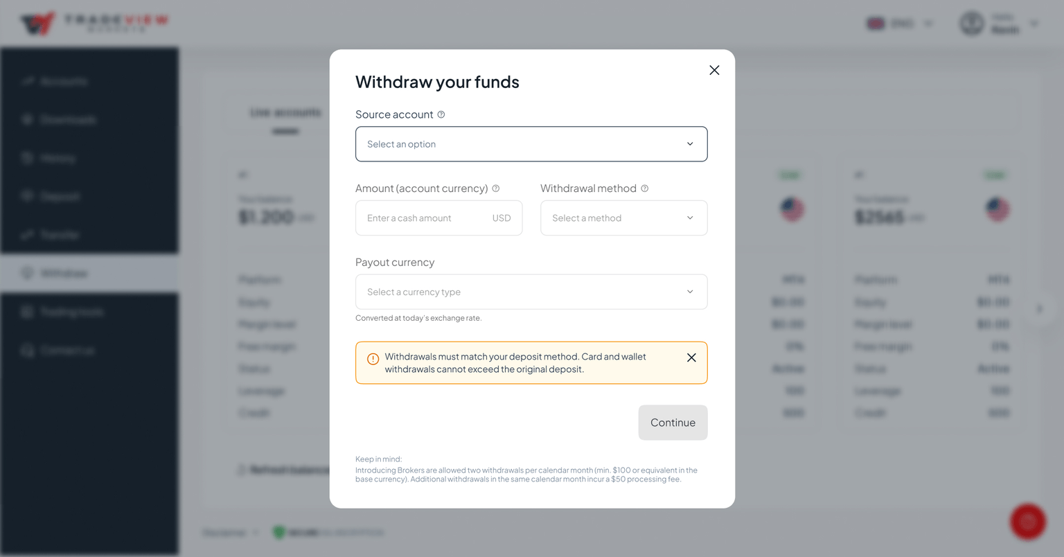 Provide the source account, currency type, amount and withdrawal method