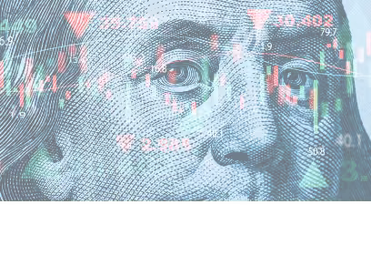 Dollar bill overlaid with a Forex trading candlestick chart