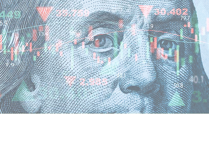 Dollar bill overlaid with a Forex trading candlestick chart