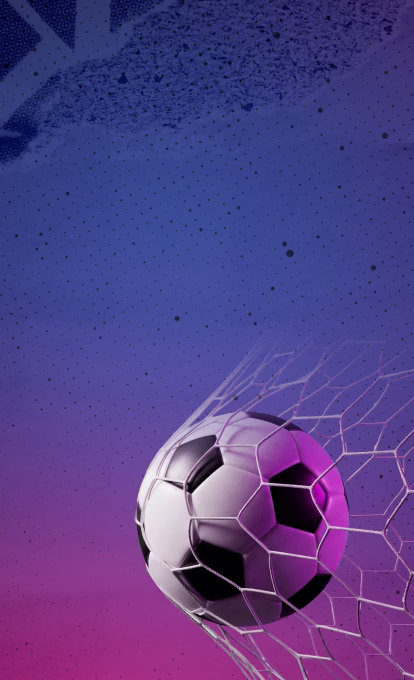 Soccer ball scoring a goal in a net against a purple and blue gradient background.