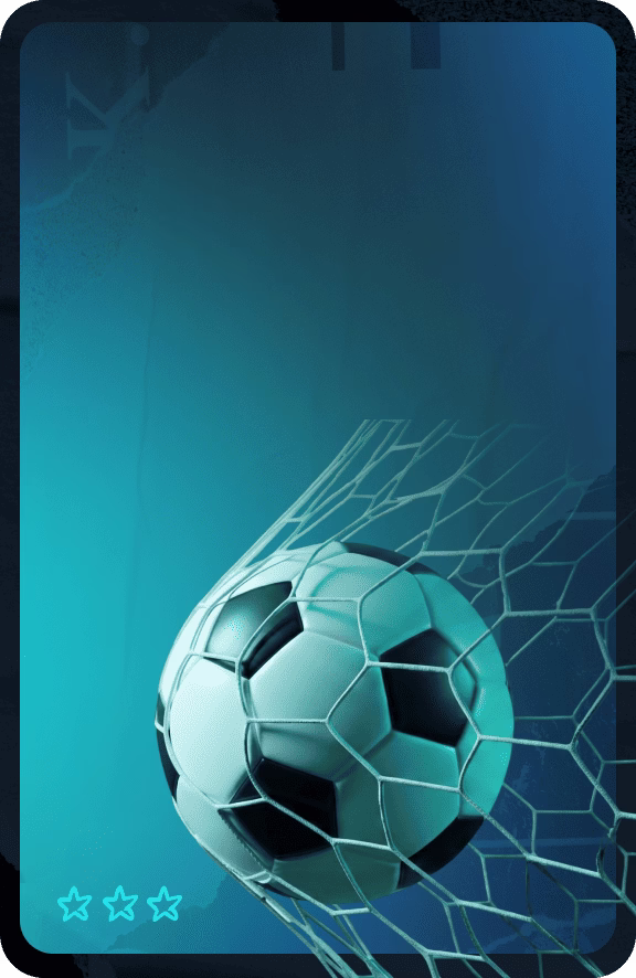 Balón de fútbol entrando en la red sobre un fondo degradado morado y azul.
